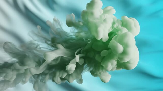 Serene swirling pale green smoke forms ephemeral tendrils and ethereal clouds against a gradient of soft aqua and cool sky blue, creating a painterly and mystical abstract composition