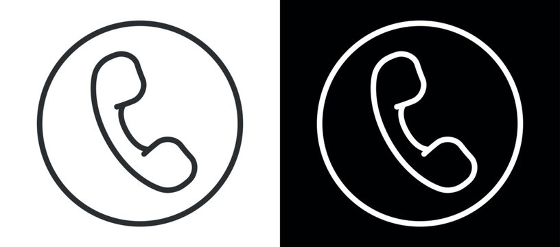 Black telephone handset icon in circular outline on white background