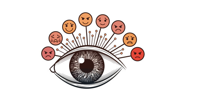 Eye with colorful emoticon face expressions.
