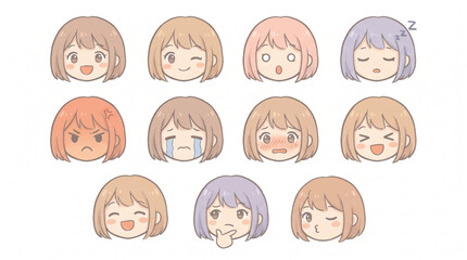 Fototapeta premium Cute chibi anime girl facial expression emoji sticker set