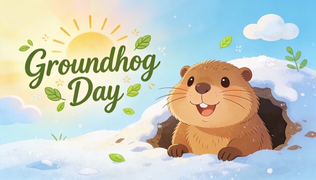 Groundhog Day illustration with cute cartoon woodchuck emerging from hole in snow.