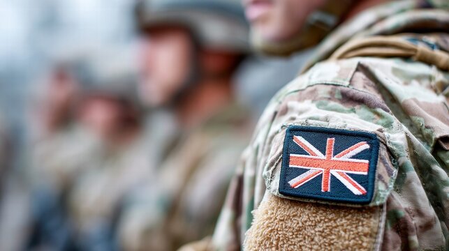British soldier in uniform with the Union Jack flag patch on his shoulder.