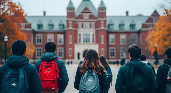 Students walking towards historic university building in autumn