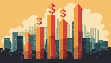 Fototapeta premium Upward trending financial bars with dollar signs rise above city
