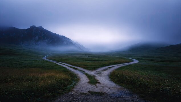A misty, atmospheric landscape where two paths diverge in a rolling meadow