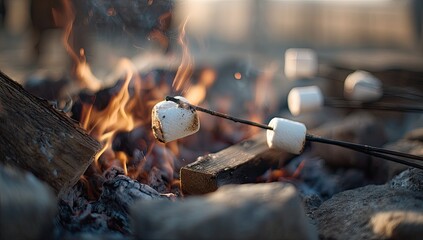 Obraz premium Marshmallows roasting over a crackling campfire, smoke rising