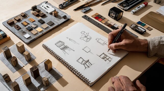 Artisan sketches chair designs, surrounded by wood samples and tools