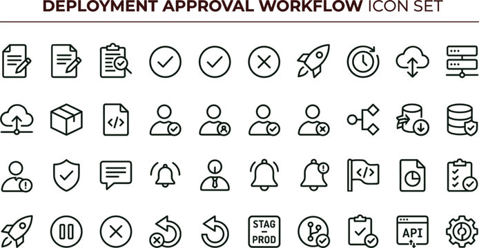 Deployment approval workflow icon set for software release management automation and development pipeline systems