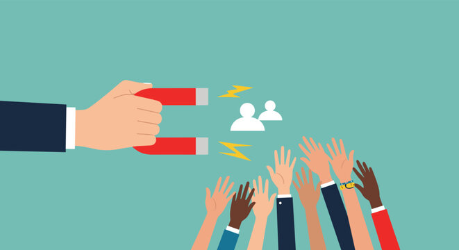 Giant hand using a large red magnet to attract and recruit a diverse group of professional people for a new job.