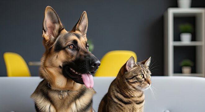 Friendly german shepherd dog and tabby cat sitting together on a sofa