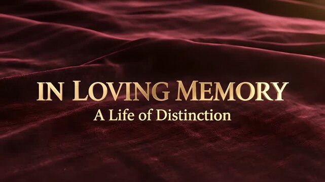 "In Loving Memory" and "A Life of Distinction" golden text over textured maroon velvet. Elegant funeral tribute, memorial service intro, or obituary commemoration background.
