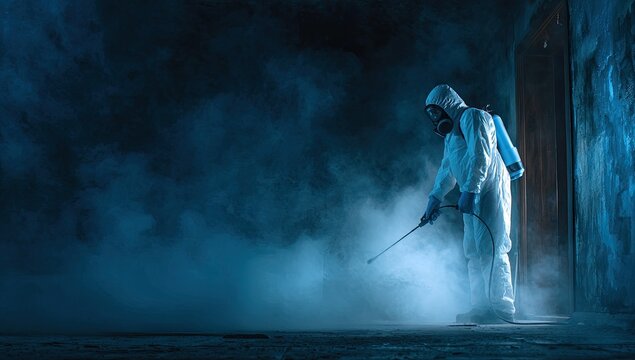 Figure in hazmat suit sprays mist in dark, smoky, blue-lit room