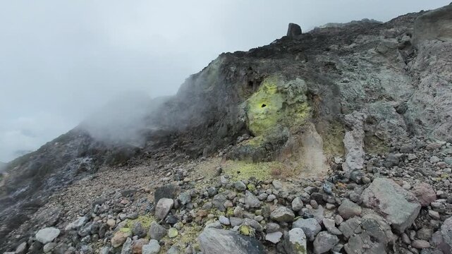 Volcano crater and fumaroles Mount Sibayak. Sumatra, Indonesia.