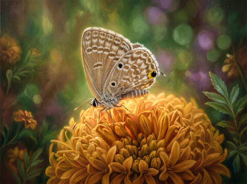 Fine Art Oil Painting of a Butterfly on a Yellow Flower in the Forest