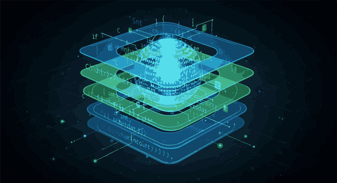 Abstract digital data layers forming a glowing globe, dark background