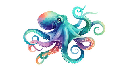 Vibrant Watercolor Octopus Illustration - Colorful Marine Life © Tanir