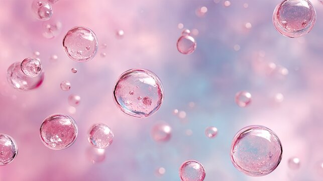 Many clear, pinkish liquid bubbles float against a soft, pastel-colored, cloudy sky