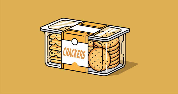 Product packaging mockup for crispy round biscuits and snacks in clear box Vector illustration of a transparent plastic container with salty crackers inside