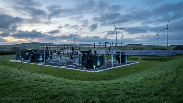Hybrid solar and wind power station with electrical substation in green field, renewable infrastructure for clean technology, smart grid, climate resilience and sustainable future design art