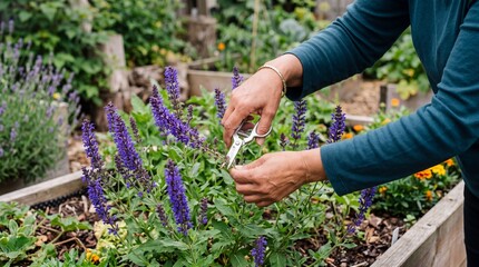 Fototapeta premium Close up of hands pruning purple salvia flowers in a raised garden bed with pruning shears for gardening banner and plant care visuals