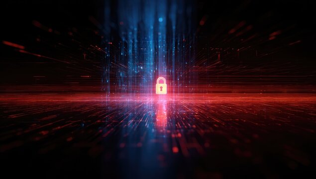 Futuristic digital padlock glows amidst red and blue data streams