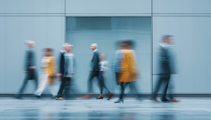 Fototapeta premium Blurred motion of diverse business people walking in modern office hallway.