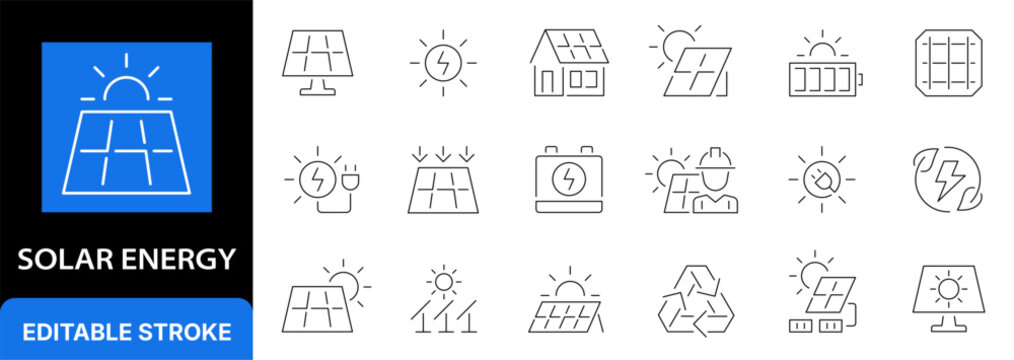 Solar Energy icons set. Solar panels. Generator. Renewable Sustainable Power. Editable stroke. Vector illustration