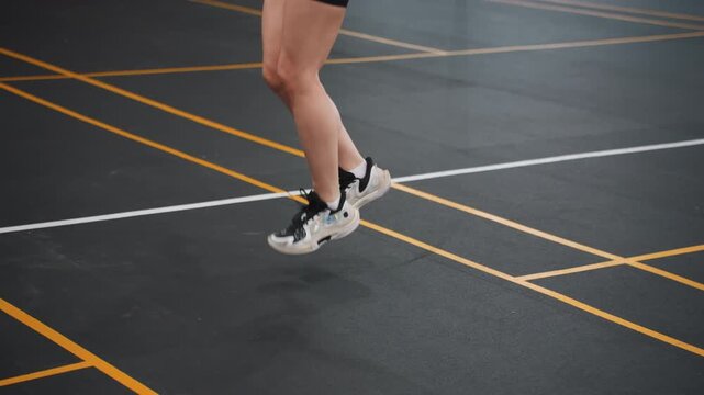Court lines white player practicing badminton lateral shuffle, low stance and quick pivots, rubberized court surface with yellow markings, focus on speed and timing, coachled technical session