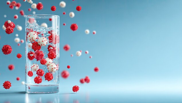 Microscopic particles resembling viruses float in a clear glass of water