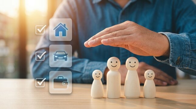 A man protecting a family of wooden figures with icons representing home car and business insurance coverage on a wooden table in a sunny office space