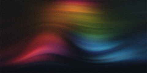 Vibrant rainbow light waves on black grainy background featuring red orange green and blue hues in flowing abstract patterns. © md