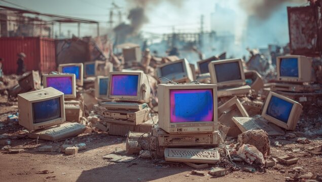 Old computer monitors glow amidst industrial waste and smoke