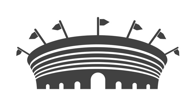 Stadium icon silhouette with flags and multiple tiers for sports arena architecture representation building exterior design isolated on white background.