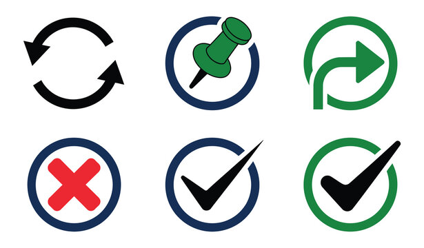 Essential vector icons representing diverse actions and states for user interface design, minimal symbol set, navigation edit search settings and status indicators, clean modern 