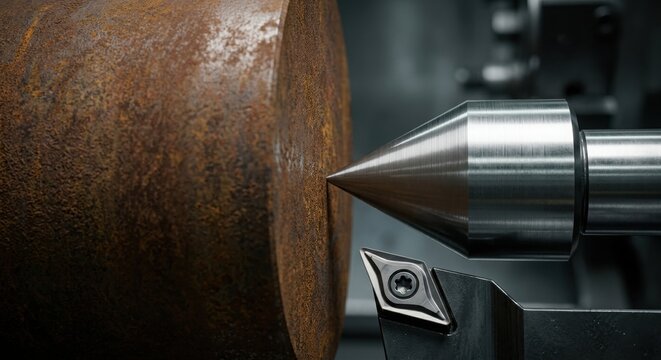 Metal lathe machine processing a rusty steel cylinder with a precision live center and carbide cutting tool. Industrial metalworking, CNC machining, and professional engineering concept