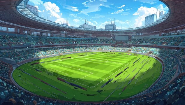 A vast, green sports arena under a clear, blue sky, filled with spectators