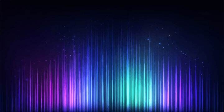 A digital vector illustration of an abstract colorful rainbow wave spectrum with glowing motion lines and an equalizer pattern on a black backdrop for music and technology wallpaper design