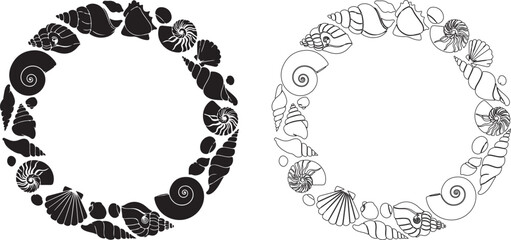 Circular decorative frame composed of diverse seashells and oceanic elements isolated on transparent background © Begum