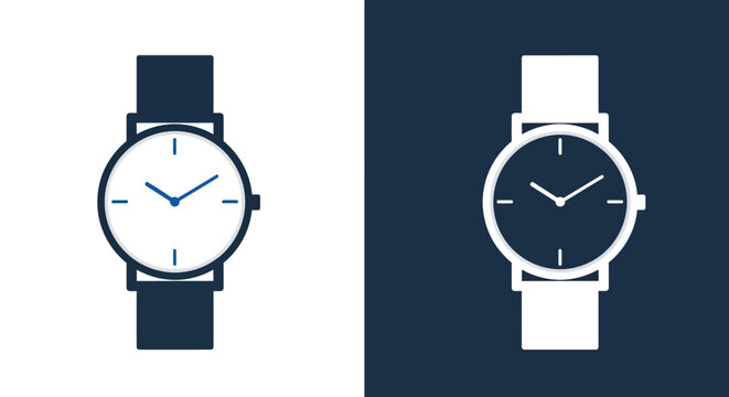 Classic wristwatch icon set showing analog clock face for time management and punctuality concept vector illustration in light and dark background styles.