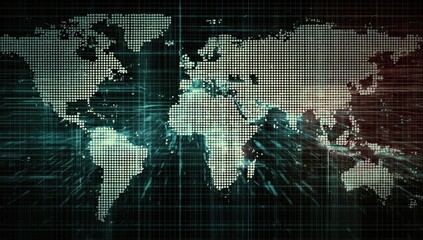 Fototapeta premium Digital World Map with Futuristic Grid Overlay and Data Streams.