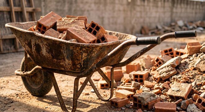 Old rusty wheelbarrow full of clay bricks at a construction site. Debris and rubble from a demolition or building project. Industrial background, manual labor, and renovation concept