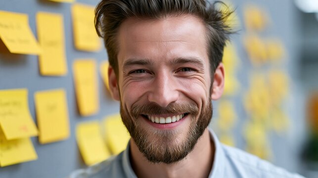 Ein junger l&auml;chelnder Mann mit Bart steht vor einer gelben Haftnotizen-Wand in einem modernen B&uuml;ro.