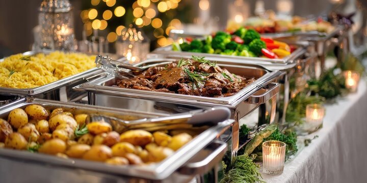 A festive buffet spread with steaming chafing dishes, candles, and bokeh lights