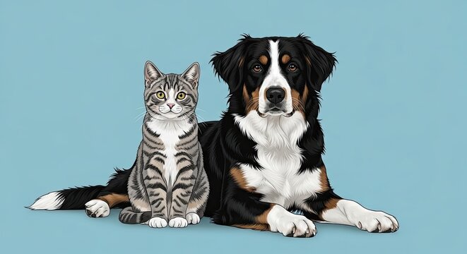 Friendly dog and cat sitting together on blue background