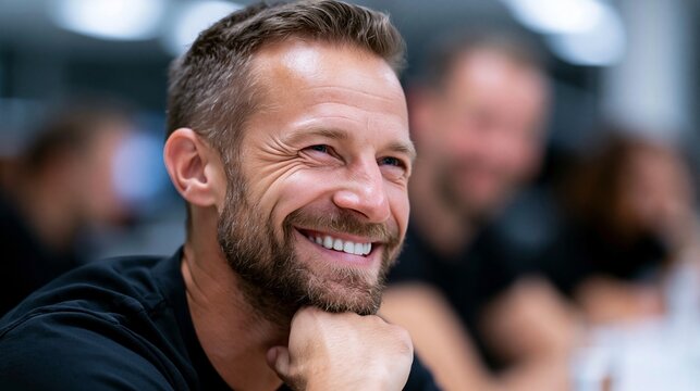 Ein l&auml;chelnder junger Mann sitzt in einem Meeting-Raum und h&ouml;rt aufmerksam zu, w&auml;hrend andere Menschen im Hintergrund sitzen.