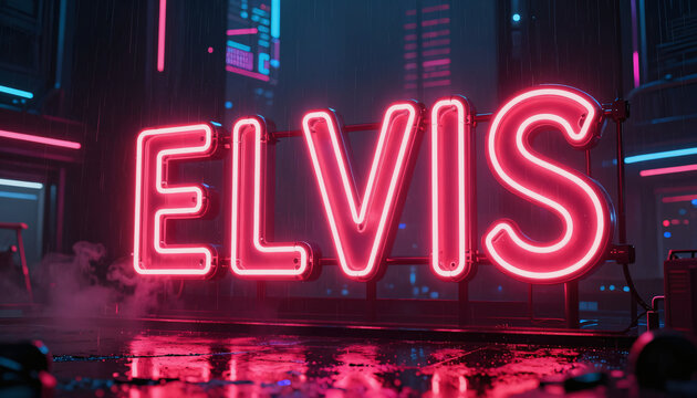 Moderner Elvis Neon Schriftzug in Cyberpunk Kulisse