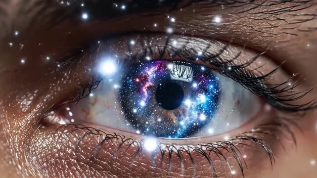 Closeup of human eye with galaxy and stars reflected in the iris