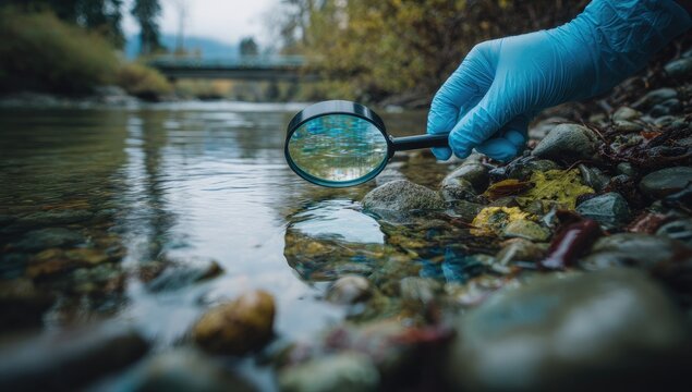 Gloved hand holds magnifying glass examining stream water and pebbles