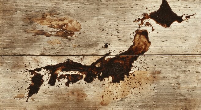 Dark liquid spilled into the shape of an island nation on weathered wood