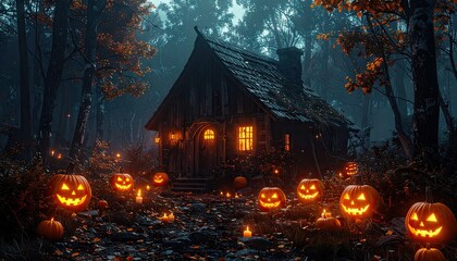 Fototapeta premium Spooky halloween scene with illuminated pumpkins and a mysterious cottage